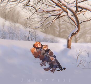 1girl 3boys :d ^_^ ahoge amoryvess anthon_(genshin_impact) arm_hug bad_id bad_twitter_id bare_bush bare_tree belt black_belt black_boots black_gloves black_pants blue_pants blurry blush boots brother_and_sister brothers brown_boots brown_coat brown_gloves brown_hat brown_jacket brown_pants closed_eyes coat commentary cowlick cuddling depth_of_field english_commentary forest full_body fur-trimmed_boots fur-trimmed_coat fur-trimmed_headwear fur-trimmed_jacket fur_hat fur_trim genshin_impact gloves grey_coat grin hair_between_eyes hand_on_another&#039;s_shoulder hat head_between_knees hill hood hooded_coat hugging_another&#039;s_leg jacket landscape long_sleeves lying medium_hair multiple_boys nature on_back on_ground on_side open_mouth orange_hair outdoors pants papakha raised_inner_eyebrows scenery short_hair siblings sleeve_cuffs smile snow snow_on_tree swept_bangs tartaglia_(genshin_impact) teucer_(genshin_impact) tonia_(genshin_impact) tree twitter_username ushanka v-shaped_eyebrows vision_(genshin_impact) winter winter_clothes winter_coat