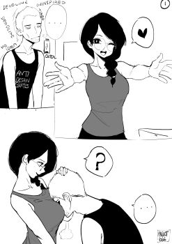 ... 1boy 1girl ? bare_arms bare_shoulders battery_indicator between_breasts braid braided_ponytail breasts collarbone facial_hair glasses greyscale hair_over_shoulder head_between_breasts heart highres indoors medium_breasts meme monochrome my_little_pogchamp_(meme) norman_maggot one_eye_closed original outstretched_arms round_eyewear sequential smile snort spoken_ellipsis spoken_heart spoken_question_mark stephanie_(norman_maggot) stubble upper_body wink