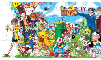 !? 1-up_mushroom 1up 2girls 6+boys ?_block ace_attorney artist_self-insert banana_peel baseball_cap bird black_hair blonde_hair blue_eyes blue_shell_(mario) bomb bomberman book brown_eyes brown_hair newsboy_cap cameo capcom chicken chimchar chocobo cloud cosplay cow cross crossover disgaea dog drainpipe dust elebits explosive facial_hair feathers final_fantasy final_fantasy_crystal_chronicles final_fantasy_fables final_fantasy_tactics_advance fire fire_flower flower formal_clothes gen_1_pokemon gen_2_pokemon gen_4_pokemon gloves goomba great_ball hair_ornament hairdressing handheld_game_console harvest_moon hat headphones heart highres hourglass jacket joanna_(mojo!) kingdom_hearts kirby kirby_(series) level-5 link long_hair luigi mario mario_(series) mario_kart mario_kart_64 mario_kart_wii master_ball miles_edgeworth misaki_shiki moogle multiple_boys multiple_crossover multiple_girls mushroom mustache navi necktie ninja ninja_(final_fantasy) ninjatown nintendo nintendo_ds objection open_mouth orange_hair penguin phoenix_wright pichu pikachu pikachu_(cosplay) piplup piranha_plant pointing pointy_ears poke_ball poke_ball_(basic) pokemon premier_ball prinny professor_layton professor_layton_vs._phoenix_wright:_ace_attorney sakuraba_neku shield shield_on_back short_hair shorts shuriken silver_hair smile star_(symbol) starter_pokemon_trio striped_clothes striped_legwear striped_thighhighs stylus subarashiki_kono_sekai super_mario_bros._1 super_mushroom super_star_(mario) sweatdrop sword the_legend_of_zelda the_legend_of_zelda:_phantom_hourglass thighhighs toad_(mario) toon_link top_hat traditional_media turtwig ultra_ball watermark weapon wee_devil wee_ninja white_bomberman
