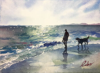 1other aichi_prefecture ambiguous_gender beach cloud cloudy_sky commentary_request day dog echowater mountainous_horizon ocean original outdoors painting_(medium) photo-referenced real_world_location scenery signature silhouette sky traditional_media watercolor_(medium)