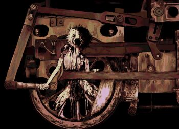 1boy bleeding blood ember_(jejejunum) guro highres horror_(theme) imminent_death injury jejejunum locomotive mechanophilia monster_boy open_mouth original rust suicide train wheel white_fur