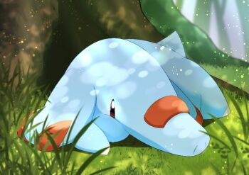 animal_focus black_eyes commentary_request forest full_body gen_2_pokemon grass nature nintendo no_humans omega_takai outdoors phanpy pokemon pokemon_(creature) solo tree under_tree