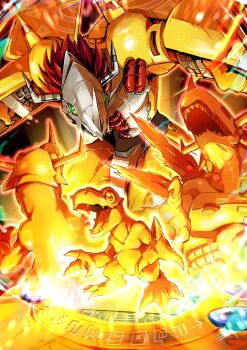 Rule 34 | agumon, armor, ayo (ayosanri009), colored skin, commentary, digimon, digimon (creature), digimon adventure, digimon day, digivice, dragon, gauntlets, glowing, green eyes, greymon, helmet, highres, horns, looking at viewer, mechanical wings, metalgreymon, orange skin, red hair, reptile, short hair, shoulder armor, shoulder spikes, spikes, wargreymon, wings, yellow armor