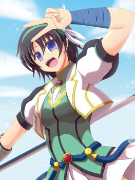 Rule 34 | 10s, 1girl, :d, azumaya hironaru, bandages, black hair, blue eyes, blush, dog days, female focus, hairband, jacket, open mouth, short hair, skirt, smile, solo, staff, takatsuki nanami, v