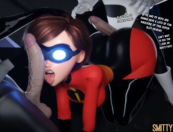1girl 2boys 3d artist_name ass ass_focus black_gloves black_thighhighs breasts brown_hair buttjob cheating_(relationship) commentary elastigirl english_commentary english_text erection gloves group_sex helen_parr highres huge_ass imminent_fellatio mask mature_female medium_hair mind_control mmf_threesome multiple_boys open_mouth penis smitty superhero_costume syndrome_(the_incredibles) the_incredibles thick_thighs thighhighs thighs threesome tongue tongue_out white_gloves wide_hips