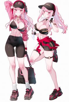 1girl absurdres armlet bag baseball_cap black_bra black_choker black_gloves black_hat black_nails black_shoes black_shorts blush bottle bra breasts choker cleavage clothes_around_waist collarbone commentary cropped_jacket english_commentary fingerless_gloves fingernails full_body gloves hat headphones high_ponytail highres holding holding_bag holding_bottle hololive hololive_english jacket jewelry kamiya_maneki knees large_breasts long_hair long_sleeves looking_at_viewer mixed-language_commentary mori_calliope multicolored_nails multicolored_shoes nail_polish navel necklace o-ring o-ring_thigh_strap open_clothes open_jacket open_mouth pink_eyes pink_hair pink_jacket pink_shirt pink_shoes ponytail red_nails shirt shirt_around_waist shoes shorts shoulder_bag signature simple_background skull_necklace smile socks solo_focus standing stomach thigh_strap thighs towel towel_around_neck twitter_username two-tone_nails two-tone_shoes underwear virtual_youtuber watch white_background white_socks wristwatch