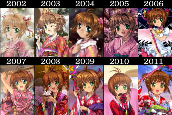 00s 10s 1990s_(style) 1girl 2002 2003 2004 2005 2006 2007 2008 2009 2010 2011 :d ;d box brown_hair cardcaptor_sakura child comparison dress evolution fuuin_no_tsue green_eyes hoshi_no_tsue japanese_clothes kimono kinomoto_sakura kinomoto_sakura_(astral_sakura) magical_girl mutsuki_(moonknives) one_eye_closed open_mouth progression retro_artstyle short_hair short_twintails smile twintails wand