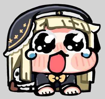 1girl all_fours bkub black_dress black_eyes black_veil blonde_hair blunt_bangs blush_stickers bow bowtie brown_shoes chibi chibi_only dress full_body grey_background long_hair long_sleeves looking_at_viewer meme nun nun_headdress open_mouth shoes simple_background skull solo speaki_(trickcal) speakiposting_(meme) tearing_up tears trickcal veil yellow_bow yellow_bowtie