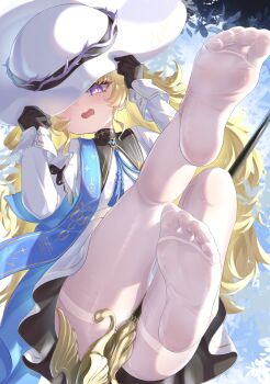 1girl absurdres black_bow black_collar black_gloves blonde_hair blue_sash bow collar embarrassed feet foot_focus gloves hand_on_own_hat hat highres legs_up long_hair looking_at_viewer no_shoes open_mouth pantyhose phoebe_(wuthering_waves) purple_eyes revision sash skirt soles staff striped_bow toes white_hat white_pantyhose white_skirt wuthering_waves yyfuu
