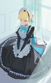 1girl aash4i absurdres apron black_dress blonde_hair blue_archive blue_bow blue_bowtie blue_eyes blue_halo bow bowtie chinese_commentary closed_mouth commentary_request dress full_body halo highres indoors juliet_sleeves long_dress long_sleeves maid maid_apron maid_headdress puffy_sleeves short_hair sidelocks sitting solo toki_(blue_archive) white_apron wing_collar