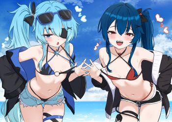 2girls :o absurdres armpits bare_shoulders bent_over bikini bikini_pull black_bikini black_jacket blue-framed_eyewear blue_eyes blue_hair blue_shorts blue_sky bow breasts clothes_pull commission cowboy_shot criss-cross_halter cutoffs day denim denim_shorts dolphin_shorts drawstring erno_(storm) eyepatch eyewear_on_head hair_bow halterneck hand_on_own_hip heart highres jacket long_hair long_sleeves looking_at_viewer micro_shorts multi-strapped_bikini_top multiple_girls navel o-ring o-ring_bikini off_shoulder oldsickkim open_clothes open_fly open_jacket open_mouth original outdoors pixiv_commission ponytail pulling_own_clothes red_bikini red_eyes sharp_teeth short_shorts shorts side-tie_bikini_bottom side_ponytail skindentation sky small_breasts smile standing stomach strap_pull string_bikini sunglasses swimsuit tail_around_own_leg teeth thigh_gap thigh_strap thighs very_long_hair wet zero_(storm)