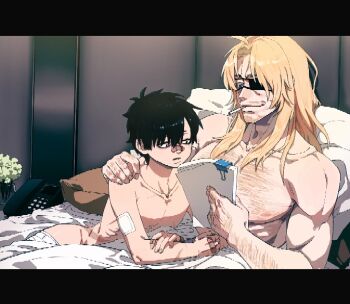 2boys age_difference aged_down bandaid bandaid_on_face bandaid_on_nose black_hair blonde_hair blue_eyes body_hair chest_hair cigarette collarbone commentary_request eyepatch gangsta hand_on_another's_shoulder holding holding_paper long_hair male_focus multiple_boys muscular muscular_male nicolas_brown nipples paper pectorals pixel_art short_hair topless_male worick_arcangelo yaoi yuusha_bear