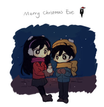 Rule 34 | 1boy, 1girl, alternate costume, antenna hair, beanie, black eyes, black hair, black leggings, black pants, black shirt, black skirt, blue jacket, bright pupils, brother and sister, brown footwear, brown mittens, closed mouth, coat, deformed, earmuffs, english text, full body, hair between eyes, hat, holding snowman, jacket, leggings, long hair, long sleeves, looking at object, mari (faraway) (omori), mari (omori), merry christmas, mini snowman, mittens, night, omori, orange headwear, orange scarf, outdoors, pants, pantyhose, pink scarf, red coat, santa hat, scarf, shirt, short hair, siblings, skirt, sky, slugrab, smile, snow, snow on head, snowman, something (omori), sunny (omori), white pupils