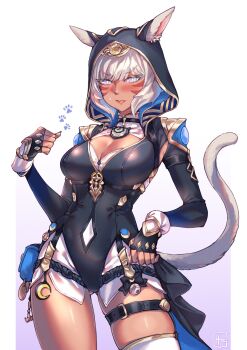 1girl absurdres animal_ears animal_hands blush breasts cat_ears cat_girl cat_paws cat_tail cipher_(honkai:_star_rail) cipher_(honkai:_star_rail)_(cosplay) cleavage cosplay dark-skinned_female dark_skin facial_mark final_fantasy final_fantasy_xiv fingerless_gloves gloves grey_eyes highres hjz_(artemi) honkai:_star_rail honkai_(series) hood large_breasts leotard looking_at_viewer miqo&#039;te tail thigh_strap whisker_markings white_background white_hair y&#039;shtola_rhul
