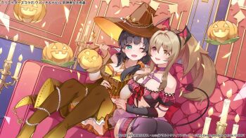 Rule 34 | 2girls, ;d, anklet, arm around waist, assault lily, bare shoulders, bikini, bikini under clothes, black hair, black hairband, black leotard, black skirt, black thighhighs, blunt bangs, boots, breasts, brown boots, brown hair, brown hat, brown shirt, buttons, candle, candlestand, candy, chest harness, cleavage, clothing cutout, collar, commentary request, copyright notice, couch, crop top, detached sleeves, double-breasted, dutch angle, fake wings, feet out of frame, fishnet thighhighs, fishnets, food, frilled leotard, frilled skirt, frills, gem, glint, gradient boots, green eyes, hair between eyes, hair ornament, hair over shoulder, hair scrunchie, hairband, halloween, halloween bucket, halloween costume, hands on another's stomach, hands up, harness, hat, head wings, heads together, heart, heart collar, heart hair ornament, heart o-ring, heterochromia, high ponytail, holding, indoors, jack-o'-lantern, jewelry, kuo shenlin, legs up, leotard, long hair, long sleeves, looking at another, looking at viewer, looking to the side, medium breasts, midriff, miniskirt, multicolored boots, multicolored leotard, multiple girls, necklace, o-ring, o-ring bikini, official alternate costume, official alternate hairstyle, official art, on couch, one eye closed, open mouth, orange bikini, orange scrunchie, pearl (gemstone), pearl hat ornament, pink eyes, ponytail, puffy detached sleeves, puffy short sleeves, puffy sleeves, purple collar, raised eyebrows, red leotard, red wings, ring, risumi (taka-fallcherryblossom), scrunchie, shirt, short sleeves, side-by-side, sidelocks, sitting, skirt, sleeves past wrists, smile, stomach cutout, strapless, strapless bikini, strapless leotard, strapless shirt, string of flags, striped clothes, striped shirt, striped skirt, swimsuit, thigh boots, thighhighs, thighlet, two-sided fabric, two-sided headwear, two-tone boots, two-tone leotard, vertical-striped clothes, vertical-striped shirt, vertical-striped skirt, wang yujia, wings, witch hat, yellow boots, yellow eyes, yuri