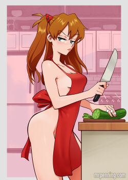 1girl apron artist_name ass blue_eyes blush breasts brown_hair cleavage cookie curvy embarrassed food indoors injury interface_headset_(evangelion) kitchen long_hair looking_at_viewer mrpenguin naked_apron neon_genesis_evangelion parted_lips shiny_skin solo souryuu_asuka_langley standing tsundere wide_hips