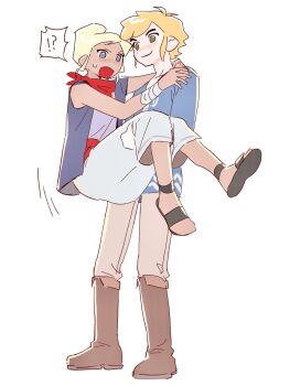 Rule 34 | !?, 1boy, 1girl, black eyes, blonde hair, blue shirt, blue vest, blush, boots, brown boots, carrying, closed mouth, commentary request, dark-skinned female, dark skin, grey pants, highres, link, looking at another, nintendo, open mouth, pants, pointy ears, princess carry, red scarf, sandals, scarf, senzo6700, shirt, simple background, sleeveless, smile, sweatdrop, tetra, the legend of zelda, the legend of zelda: the wind waker, toon link, vest, white background, white pants