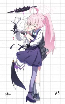 2girls absurdres ahoge anklet bare_shoulders black_gloves blue_archive blush bulletproof_vest closed_eyes collared_shirt commentary_request dress earrings elbow_gloves fingerless_gloves flat_chest french_kiss full_body gloves grid_background halo hand_on_another's_head hand_on_another's_shoulder heart height high_heels highres hina_(blue_archive) hina_(dress)_(blue_archive) horns hoshino_(armed)_(blue_archive) hoshino_(blue_archive) hug jewelry kiroshi kiss korean_commentary long_hair long_sleeves low_wings multiple_girls necklace necktie pantyhose pink_hair ponytail purple_dress purple_gloves purple_pantyhose shirt shoes sneakers socks standing white_hair white_shirt white_socks wings yuri