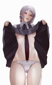 1girl absurdres black_dress breasts cameltoe chainsaw_man clothes_lift collared_shirt deep_wound dress dress_lift earrings fami_(chainsaw_man) grey_hair highres injury jewelry lifting_own_clothes mole mole_under_eye mole_under_mouth multiple_moles open_mouth panties pinafore_dress red_eyes scene_reference shirt short_hair simple_background sleeveless sleeveless_dress solo stomach sweat taaakaaaa underboob underwear white_background white_panties white_shirt