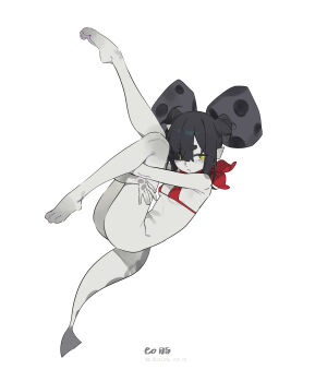 1girl absurdres bikini bikini_top_only black_bow black_hair bottomless bow bright_pupils chinese_commentary colored_skin commentary_request double_bun fins fish_girl fish_tail full_body green_eyes grey_skin hair_bow hair_bun head_fins highres hugging_own_legs joegranule large_bow leg_up looking_at_viewer monster_girl original polka_dot polka_dot_bow red_bikini short_hair simple_background solo swimsuit tail white_background white_pupils