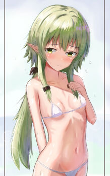 1girl absurdres bare_shoulders bikini blush breasts collarbone commentary elf flygombal goblin_slayer! green_eyes green_hair high_elf_archer_(goblin_slayer!) highres long_hair micro_bikini navel pointy_ears simple_background small_breasts solo stomach swimsuit very_long_hair white_background white_bikini