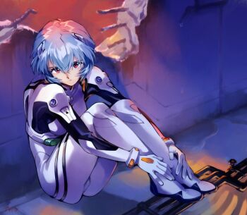 1girl ayanami_rei blue_hair bodysuit broken desk full_body hair_between_eyes hairpods hugging_own_legs industrial_pipe interface_headset_(evangelion) knees_up looking_at_viewer mecha_pilot_suit neon_genesis_evangelion on_desk optionaltypo plugsuit_(evangelion) rebar red_eyes shadow short_hair signature sitting smoking_pipe solo white_bodysuit