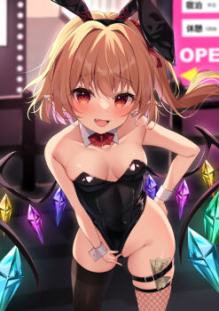 1girl absurdres animal_ears asymmetrical_legwear banknote black_leotard black_thighhighs blonde_hair blush breasts commentary_request crystal detached_collar fake_animal_ears fang fishnet_thighhighs fishnets flandre_scarlet highres leotard loli long_hair looking_at_viewer mismatched_legwear miy@ money one_side_up open_mouth playboy_bunny rabbit_ears red_eyes small_breasts smile solo strapless strapless_leotard thighhighs touhou tucked_money wings wrist_cuffs