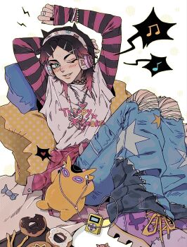 1other arms_up bambooshoottt black_choker black_nails blue_eyes blush bug butterfly butterfly_necklace candy choker clothes_around_waist clove_(valorant) denim mp3_player donut earbuds earphones eyeshadow food freckles french_fries hair_horns hair_ornament hairclip headphones heart heart_necklace highres insect jeans jewelry knees_up long_sleeves makeup multicolored_hair musical_note necklace one_eye_closed pants pillow pink_eyeshadow pink_shirt shirt shirt_around_waist short_hair simple_background sitting sleeves_past_wrists smile solo spoken_heart spoken_musical_note star_(symbol) striped_clothes striped_shirt torn_clothes torn_jeans torn_pants undershirt valorant