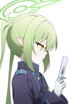 Rule 34 | 1girl, absurdres, blue archive, closed mouth, commentary request, earrings, facing to the side, gloves, green hair, green halo, halo, highres, holding, jewelry, long hair, nozomi (blue archive), pointy ears, sidelocks, simple background, solo, twintails, user shjm4774, white background, white gloves, yellow eyes