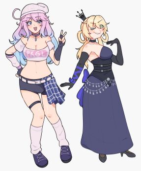 2girls :d absurdres arm_ribbon bare_shoulders beanie belly_chain belt black_choker black_crown black_gloves black_shoes black_shorts blonde_hair blue_dress blue_eyes blue_eyeshadow blue_hair blue_ribbon blue_shoes blue_skirt blush breasts bright_pupils choker cleavage clothes_writing commentary commission commissioner_upload cowlick crop_top crown dress elbow_gloves english_commentary eyeshadow fingerless_gloves full_body gloves gradient_hair green_eyes grey_background grin hair_rings half-skirt hand_up hat high_heels highres jewelry katelyn_(sorenjerr) long_dress long_hair looking_at_viewer low_twintails makeup medium_breasts midriff mini_crown miniskirt mole mole_under_eye mole_under_mouth multicolored_hair multiple_girls navel off-shoulder_shirt off_shoulder one_eye_closed open_mouth original pink_choker pink_hair pink_lips ribbon sena_(sorenjerr) shirt shoes short_shorts short_sleeves shorts simple_background skirt smile socks standing stomach strapless strapless_dress thigh_strap twintails unfamousradish v very_long_hair white_belt white_hat white_pupils white_shirt white_socks