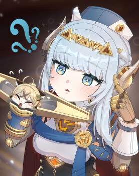 2girls ? ?? absurdres ahoge animal_ear_fluff animal_ears blue_cape blue_eyes blush_stickers braid brown_hair cape cat_ears cheek_squash closed_eyes closed_mouth confused dd_che_shen ears_down flying_sweatdrops genshin_impact grey_hair hand_up hat highres humanoid_robot index_finger_raised ineffa_(genshin_impact) joints kirara_(genshin_impact) looking_at_another mechanical_arms metal_skin mini_person minigirl multicolored_hair multiple_girls open_mouth parted_lips ringed_eyes robot robot_ears robot_girl robot_joints size_difference triangle_mouth two-tone_hair