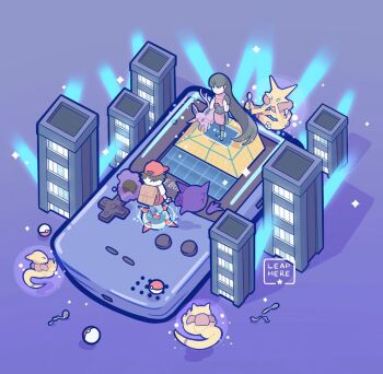 Rule 34 | 1boy, 1girl, abra, alakazam, black hair, commentary, english commentary, espeon, floating, floating object, game boy, game boy color, gastly, gen 1 pokemon, gen 2 pokemon, handheld game console, haunter, isometric, kadabra, leaphere, long hair, looking at another, nintendo, pants, poke ball, pokemon, pokemon (creature), pokemon lgpe, pokemon rgby, purple background, red (pokemon), red eyes, sabrina (pokemon), shoes, simple background, spiked hair, spoon, standing