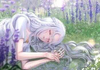 Rule 34 | 1girl, anya orz, artist name, blurry, blurry foreground, braid, closed eyes, commentary, elden ring, elden ring: shadow of the erdtree, english commentary, eyelashes, flower, grass, highres, long hair, purple flower, sleeping, solo, st. trina (elden ring), twitter username, wavy hair, white hair