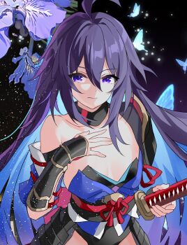 Rule 34 | 1girl, absurdres, adapted costume, ahoge, armor, black leotard, blue hair, breasts, bug, butterfly, chinese commentary, closed mouth, colored inner hair, commentary request, evzeva, highres, honkai: star rail, honkai (series), insect, japanese armor, katana, kote, kusazuri, leotard, medium breasts, multicolored hair, purple eyes, purple hair, seele (honkai: star rail), solo, sword, two-tone hair, weapon