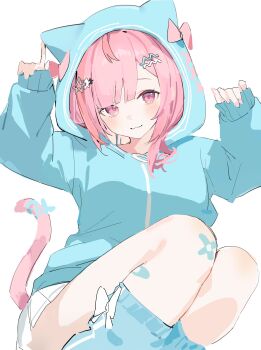 Rule 34 | 1girl, absurdres, alternate costume, animal ears, animal hood, bandaid, bandaid on knee, bandaid on leg, blue hoodie, blue leg warmers, blunt bangs, bow, breasts, cat ears, cat girl, cat hood, cat tail, closed mouth, hair ornament, hairclip, hands up, highres, hood, hood up, hoodie, indie virtual youtuber, leg warmers, looking at viewer, medium hair, mu (muu14952955), pink bow, pink eyes, pink hair, pleated skirt, ribbon, sidelocks, simple background, sketch, skirt, sleeves past wrists, small breasts, smile, solo, star (symbol), star hair ornament, swept bangs, tail, tail ornament, tail ribbon, thighs, virtual youtuber, white background, white bow, white skirt, yuuki sakuna