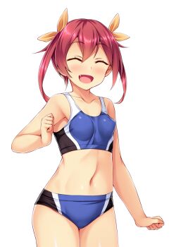1girl :d ^_^ blue_buruma blue_sports_bra blush bow breasts buruma closed_eyes collarbone covered_erect_nipples cowboy_shot facing_viewer fang fujii_natsumi_(ysphere) game_cg hair_between_eyes hair_ribbon midriff navel non-web_source official_art open_mouth red_hair ribbon satou_kuuki simple_background small_breasts smile solo soukou_seiki_ysphere sports_bikini sports_bra standing track_uniform transparent_background twintails two-tone_sports_bra variant_set white_background yellow_bow yellow_ribbon
