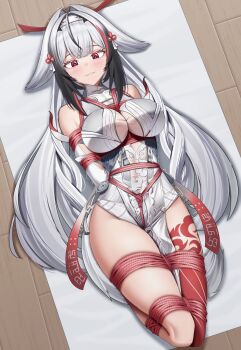 1girl absurdres animal_ears arms_behind_back bdsm blush bondage bound bound_arms bound_legs bound_thighs bound_torso bound_wrists breast_bondage breasts bt_(3212637) china_dress chinese_clothes dress droopy_ears embarrassed fox_ears fox_girl fox_tail hairband highres large_breasts long_hair red_eyes red_rope restrained rope shibari shibari_over_clothes smile solo struggling tail very_long_hair white_hair ye_shunguang zenless_zone_zero