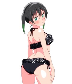 Rule 34 | 1girl, absurdres, adapted costume, ass, back, bikini, black bikini, black hair, blush, closed mouth, commentary request, cowboy shot, frisk (undertale), from behind, gradient hair, green eyes, green hair, halterneck, highres, looking at viewer, looking back, love live!, love live! nijigasaki high school idol club, median furrow, multicolored hair, ruffle bikini, shinonome sakura, simple background, smile, solo, split mouth, swimsuit, takasaki yu, takasaki yu (swimsuit), two-tone hair, white background
