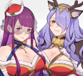 2girls animal_ears antlers breasts camilla_(fire_emblem) camilla_(flurry_embrace)_(fire_emblem) capelet cleavage commentary_request deer_ears dress fake_animal_ears fake_antlers fire_emblem fire_emblem_engage fire_emblem_fates fire_emblem_heroes fur-trimmed_capelet fur-trimmed_dress fur-trimmed_headwear fur_trim gloves hair_over_one_eye hat highres horns ivy_(fire_emblem) ivy_(flurry_embrace)_(fire_emblem) kashiwa_e3 large_breasts long_hair looking_at_viewer mole mole_under_mouth multiple_girls nintendo official_alternate_costume official_art purple_eyes purple_hair red_dress red_hat reindeer_antlers santa_costume santa_dress santa_hat smile upper_body wavy_hair