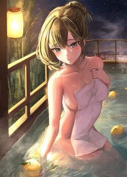 1girl absurdres bath blush breasts collarbone covering_privates fruit_on_liquid green_hair hair_bun heterochromia highres idolmaster idolmaster_cinderella_girls lantern medium_breasts mole mole_under_eye night nude_cover nyome991 ofuro paper_lantern single_hair_bun single_sidelock sitting sky smile solo takagaki_kaede water_drop
