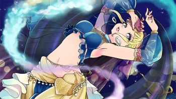 1girl arabian_clothes belly_dancing blonde_hair dancer hair_ornament harem_outfit harem_pants hime_cut jewelry long_hair looking_at_viewer maria_(garnidelia) mini_(minimilk) mouth_veil official_art pants purple_eyes real_life smile solo song_request veil