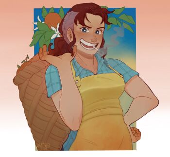 Rule 34 | 1girl, apron, bellemere, blue eyes, blue shirt, cigarette, commentary, food, fruit, gradient background, hand on own hip, highres, holding, itzjazzyjazzin, looking at viewer, mandarin orange, one piece, ponytail, red hair, shirt, short sleeves, smile, smoke, solo, yellow apron