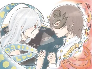 2girls brown_hair face-to-face from_side half_mask iwanaga_ariya kanamai0119 long_hair looking_at_another mask multiple_girls red_eyes short_hair touhou white_hair yuiman_asama yuri