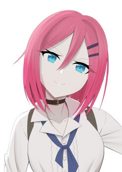 Rule 34 | >:), 1girl, absurdres, assault lily, belt buckle, belt collar, black collar, blue eyes, blue ribbon, breasts, buckle, buttons, closed mouth, collar, commentary request, double-parted bangs, hair between eyes, hair ornament, hairclip, highres, long bangs, long sleeves, looking at viewer, medium breasts, neck ribbon, parallel hairclips, pink hair, ribbon, school uniform, shirt, short hair, simple background, solo, suspenders, tsujimoto yuunagi, upper body, v-shaped eyebrows, white background, white shirt, yadoo