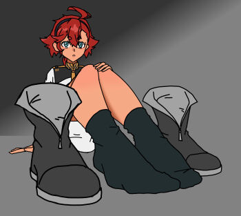 1girl absurdres black_socks blue_eyes boots feet gundam gundam_suisei_no_majo hairband hand_on_own_knee highres long_hair looking_at_viewer parted_lips paxa349 red_hair shoes socks suletta_mercury unworn_boots unworn_shoes