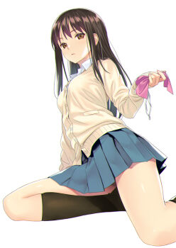 1girl black_socks blue_skirt bow brown_eyes brown_hair cardigan collared_shirt commentary_request holding holding_bow_(ornament) kneehighs kneeling koutaro looking_at_viewer original pink_bow pleated_skirt pocket school_uniform shirt simple_background skirt socks solo unworn_bow white_background white_shirt yellow_cardigan