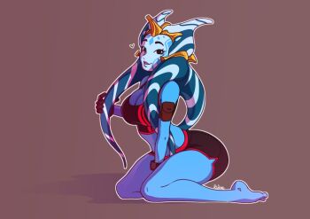 1girl alien black_shorts black_sports_bra blue_skin brown_background colored_skin commentary english_commentary justrube kneeling looking_at_viewer short_shorts shorts simple_background snooker_(rube) solo sports_bra star_wars togruta