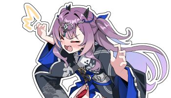 Rule 34 | amakawa mamushi, astral party, blue hair, blue kimono, blush, breasts, dragon girl, highres, horns, japanese clothes, kimono, long hair, non-web source, purple hair, small breasts, very long hair