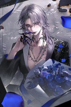 1girl absurdres against_wall black_jacket blue_eyes blue_flower blue_rose bouquet chain chain_necklace chest_tattoo chinese_commentary commentary earrings fake_claws flower grey_hair hair_over_one_eye highres holding holding_bouquet jacket jewelry lapels looking_at_viewer medium_hair multiple_necklaces necklace no_bra notched_lapels official_alternate_costume path_to_nowhere print_jacket rose solo suit_jacket tattoo upper_body wiping_mouth zhishi_yuyuanqiu zoya_(path_to_nowhere)