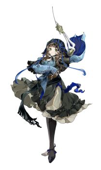 Rule 34 | 1girl, absurdres, arm up, black coif, black pantyhose, black shoes, black skirt, blue shirt, brown hair, chinstrap, coif, commentary request, coppelia (reverse:1999), frilled skirt, frilled straps, frills, full body, green eyes, hands up, highres, huaqi--liang shiji, long hair, looking at viewer, mechanical arms, medium skirt, pantyhose, prosthesis, prosthetic arm, reverse:1999, shirt, shoes, single mechanical arm, skirt, solo, standing, tied shirt, white background